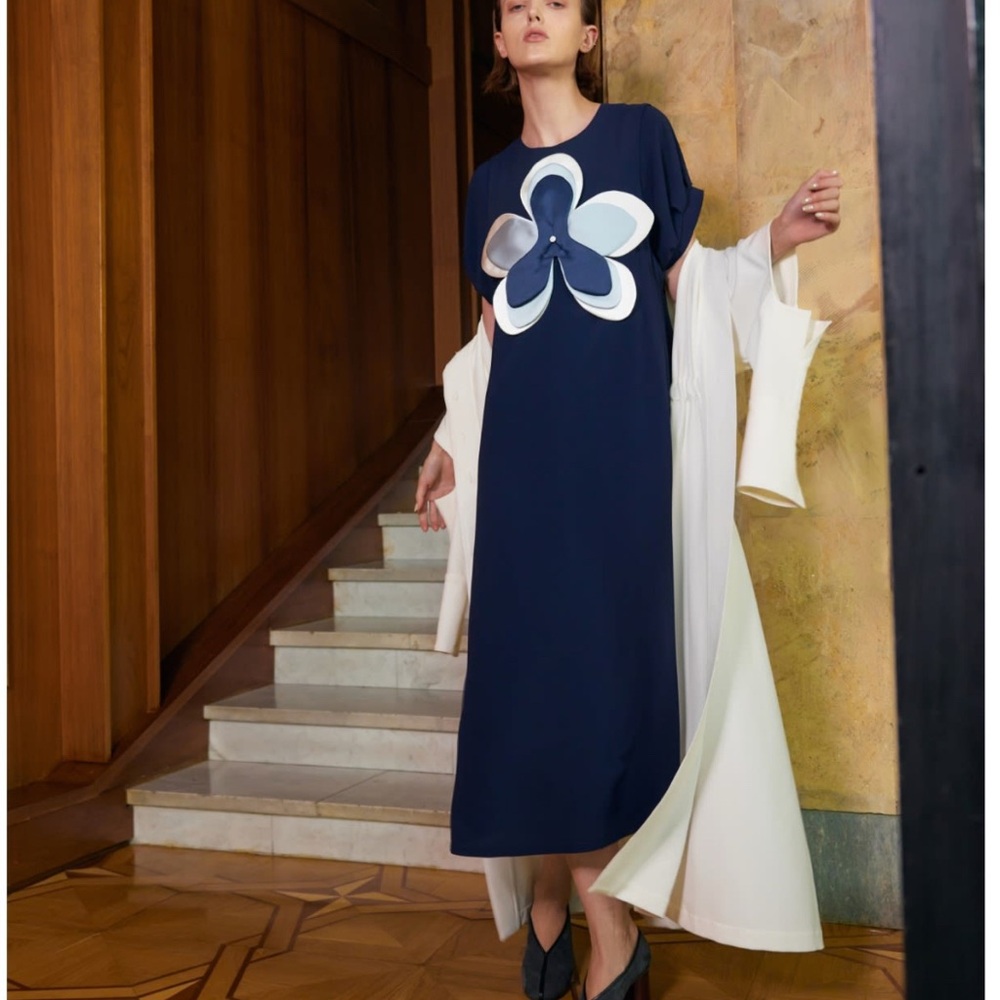 Silky Touch Midi Dark Blue Dress With Handmade Floral Appliqué